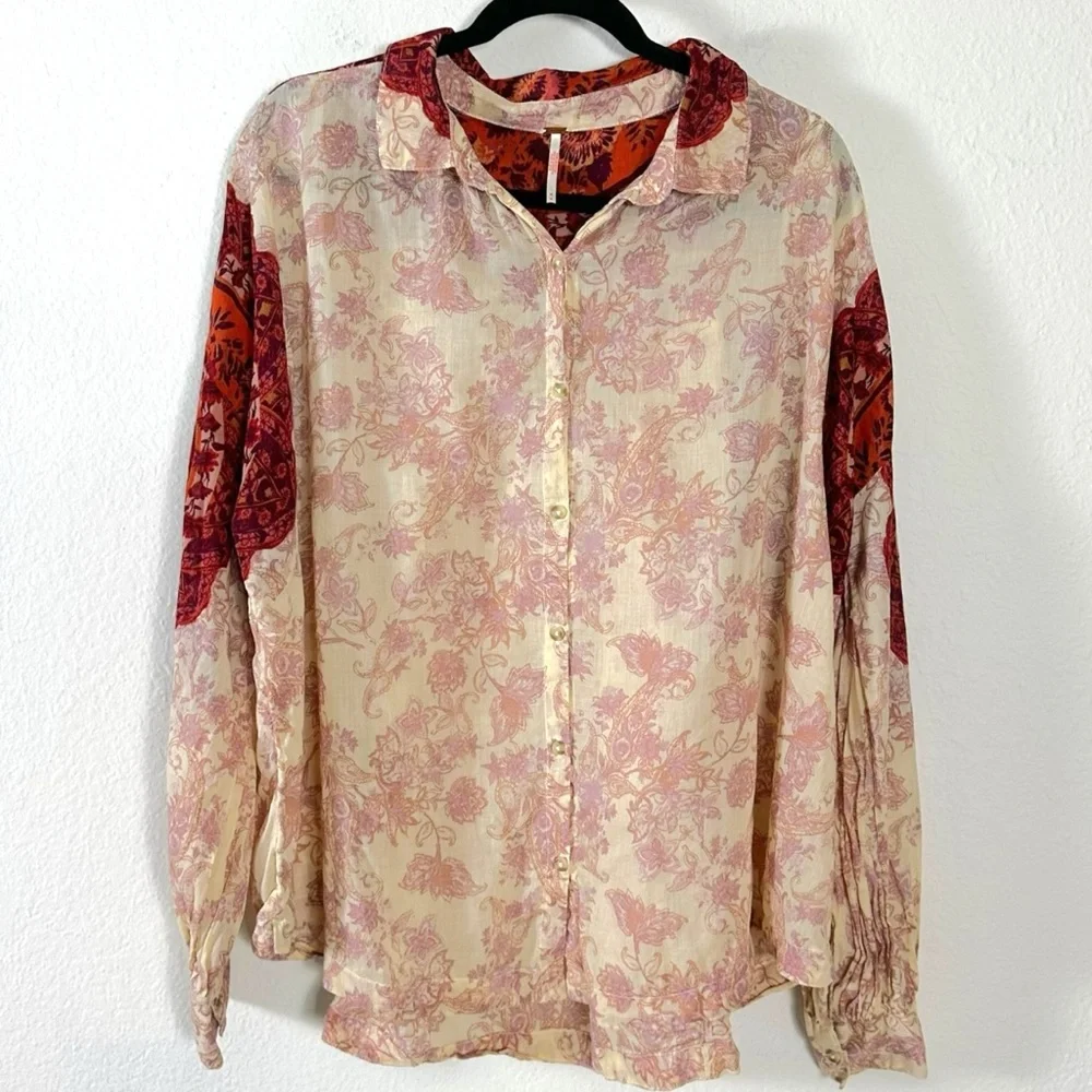 Free People Western Bohemian Dainty Rose Bud Button Down Oversized Blouse Medium